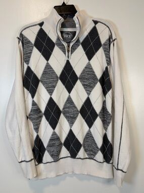 BKE Barton Argyle Men’s White and Gray Zip-Neck Sweater Standard Fit Size Large